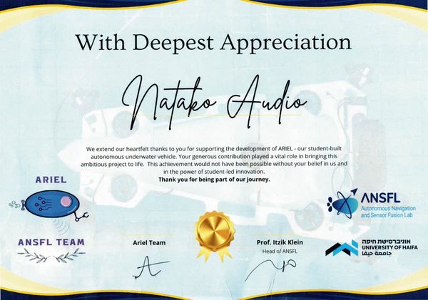Appreciation certificate from the University of Haifa for supporting the ARIEL autonomous underwater vehicle project.